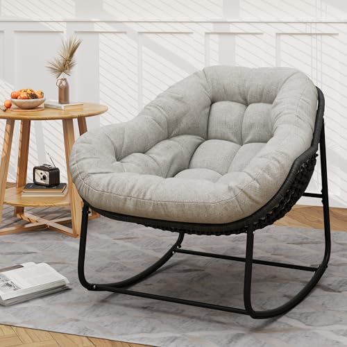 Outdoor Indoor Rocking Chair, Patio Wicker Egg Chair, Indoor & Outdoor Comfy Oversized Papasan Chair with Padded Cushion