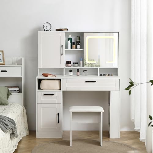 White Vanity Desk With Mirror And Cushioned Stool,Makeup Desk With Right Sliding Mirror,Vanity with Drawers and Open Shelves