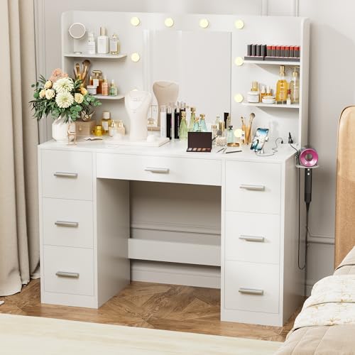 VICTONE Vanity Desk with LED Lighted Mirror&Power Outlet
