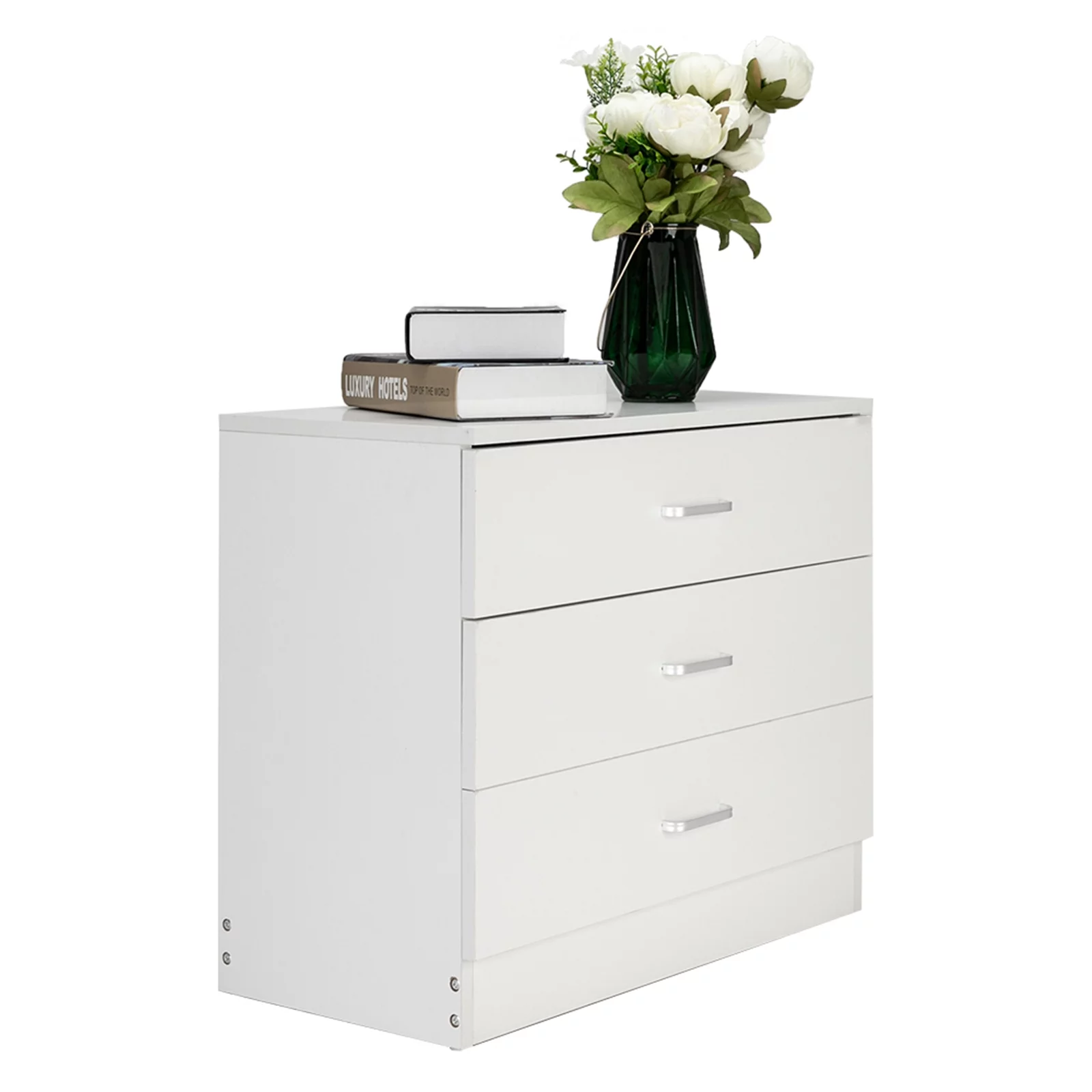 3-Drawer Dresser, White Chester Drawer Bedside Nightstand for Bedroom, Under Desk File Storage Cabinet for Office with Sliding Drawer Metal Handle