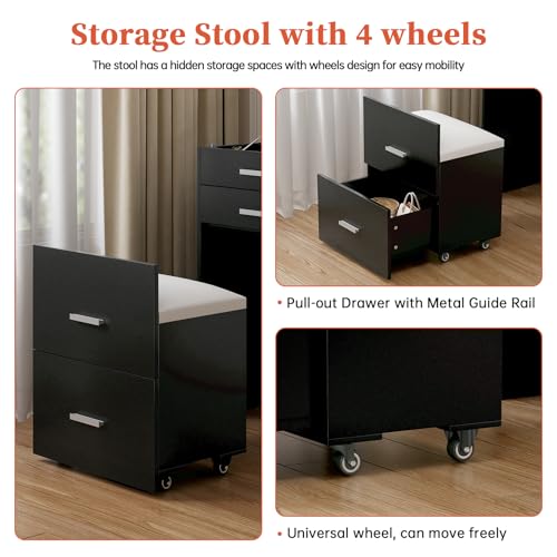 Compact Vanity with 3 Drawers, 3 in 1 Vanity Desk, Makeup Desk with Flip-up 3 Colors Lighting Mirror and Cushioned Stool