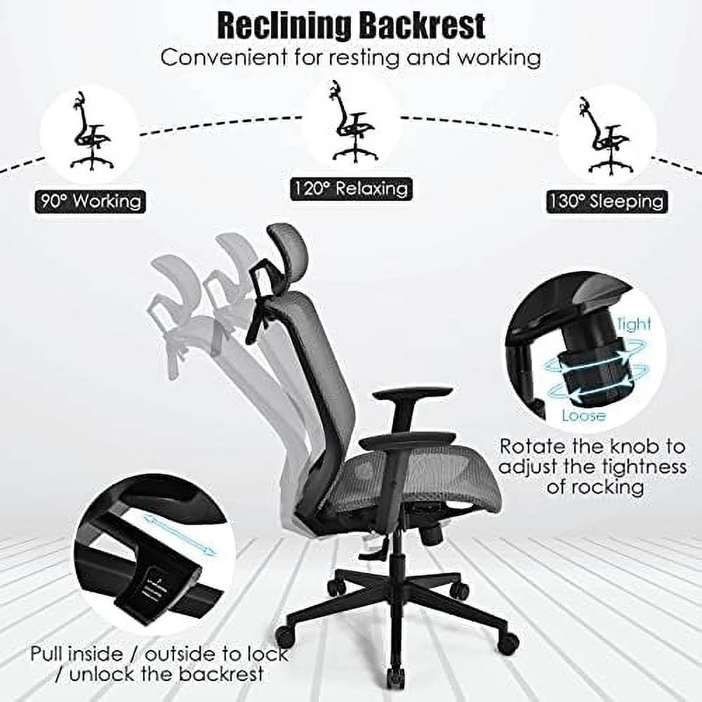 TJUNBOLIFE Ergonomic Mesh Office Chair  Swivel Executive Chair with Reclining High Backrest  Rotatable Headrest  Clothes Hanger and Lumbar Support