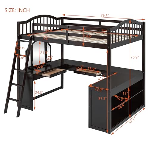 Harper & Bright Designs Full Size Loft Bed with Desk, Storage Shelves and Drawers, Solid Wood Loft Bed Frame with Built-in Wardrobe, Walnut