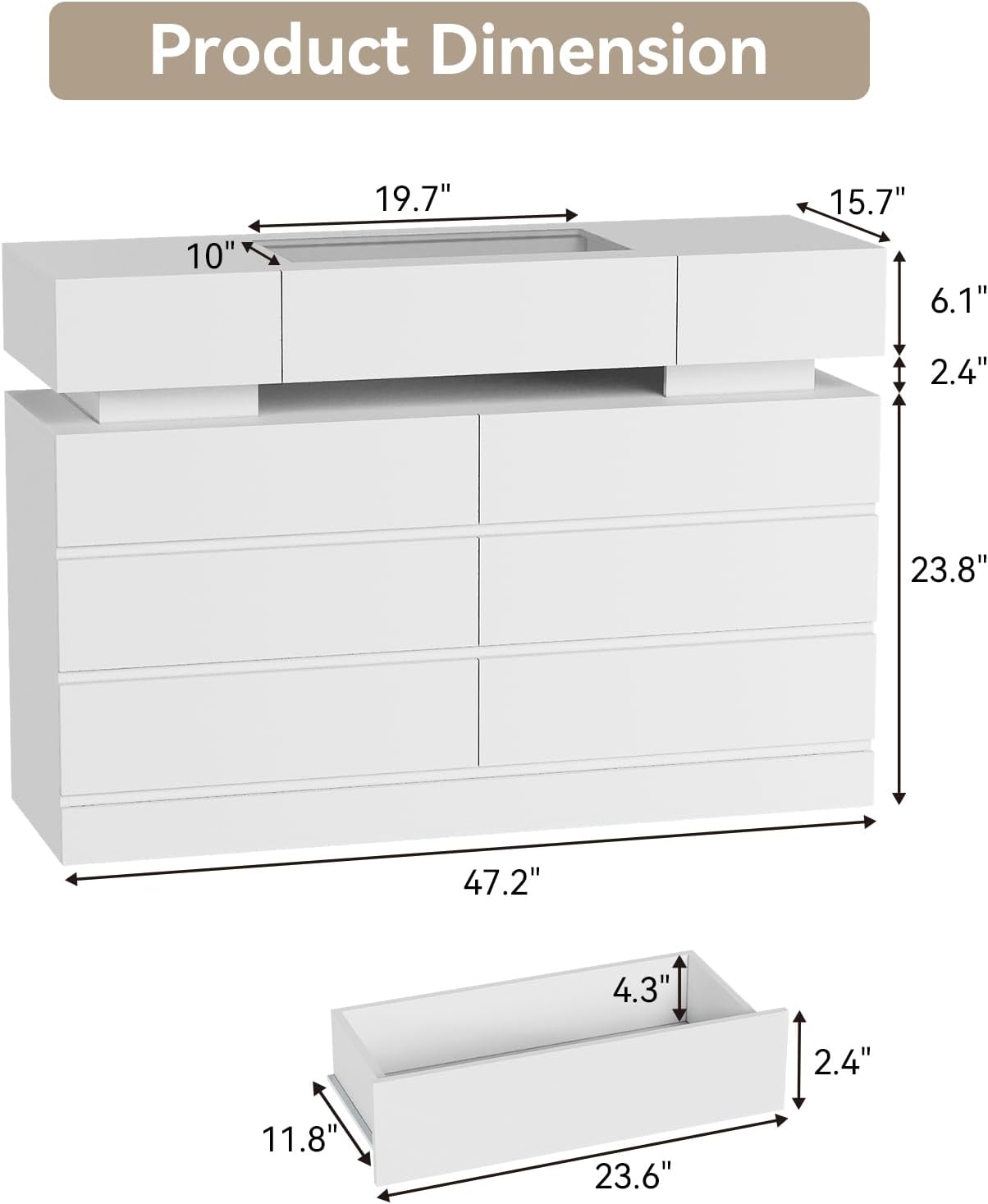 ARTETHYS White Dresser for Bedroom 6 Drawer Dresser Organizer for Closet Clothes Chest of Drawers with LED Lights 47’’ Modern Storage Cabinet with