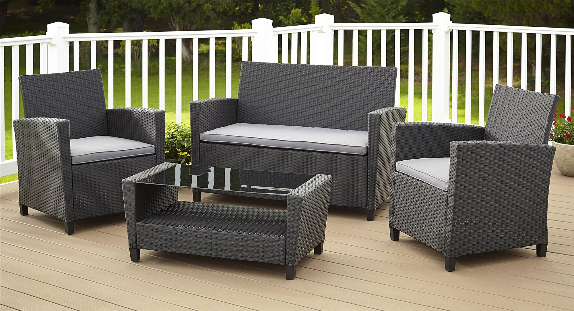 COSCO Outdoor 4 Piece Conversation Set, No Tools Assembly, Gray Cushions, Black Resin Wicker