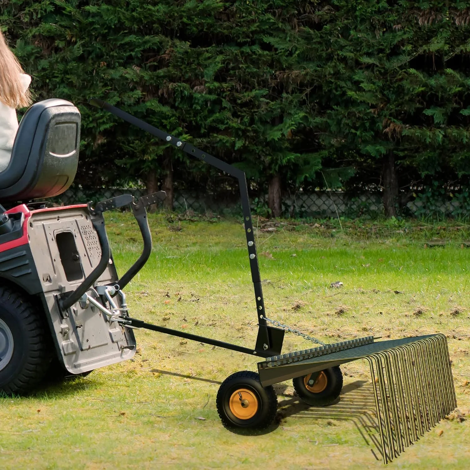Tropow 60in Pine Straw Tow Behind Steel Landscape Rake w/Wheels & Handle