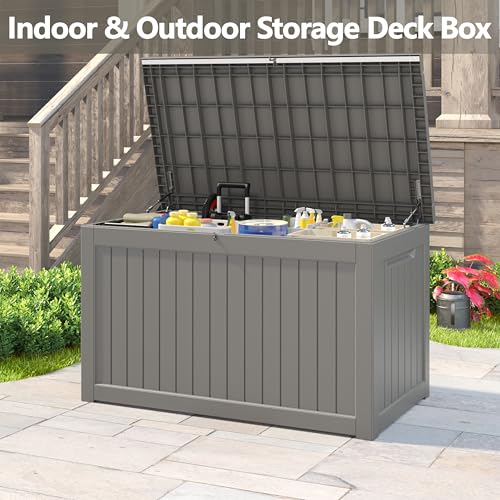 KAMABOKO Outdoor Storage Box, 150 Gallon Large Outdoor Resin Deck Box, Storage Waterproof Boxes Lockable Lid for Garden Tools, Pool Supplies