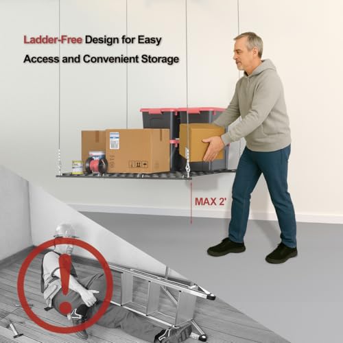 Overhead Garage Storage Rack, Heavy-duty 4x4 FT Ceiling Storage Racks with Safety Lock