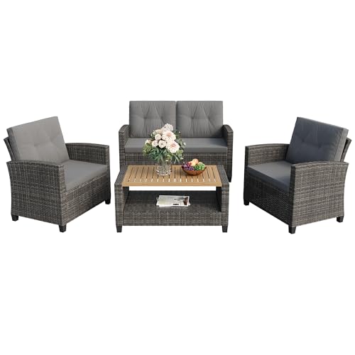 Wisteria Lane 4 Piece Outdoor Patio Furniture Sets, Wicker Conversation Set for Porch Deck, Gray Rattan Sofa Chair with Cushion