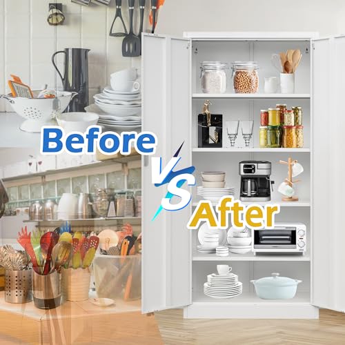 Metal Storage Cabinet, 72" H x 36" W x 18" D Locking Cabinet with Adjustable Shelves, Steel Storage Cabinets for Garage, Home, Office, Pantry (White)