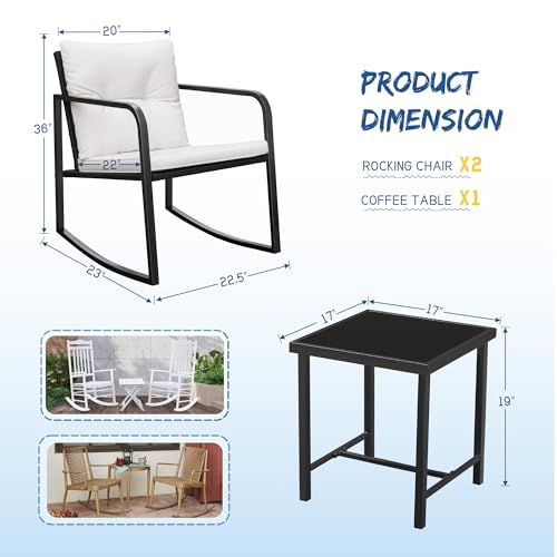 Greesum 3 Pieces Rocking Wicker Bistro Set, Patio Outdoor Furniture Conversation Sets with Porch Chairs and Glass Coffee Table, Beige