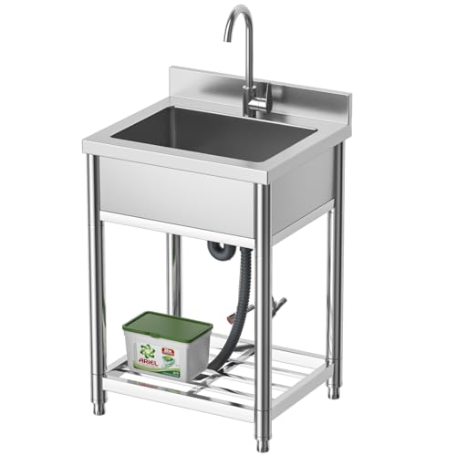 Stainless Steel Commercial Kitchen Sink, Free Standing, Single Bowl Sink Basin with Cold & Hot Water Faucet, Indoor and Outdoor Sink, 21.7 in