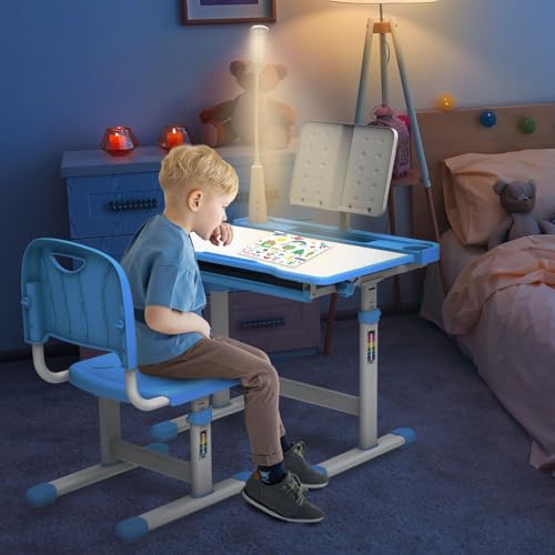 BELANITAS Kids Desk and Chair Set 5-8 Year Old, Desk for Kids Room 8-12, Height-Adjustable Children Desk with 40-Degree Tilted Desktop