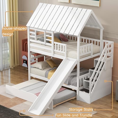 MERITLINE House Bunk Beds Twin Over Twin with Slide, Twin Bunk Bed with Storage Stairs and Trundle