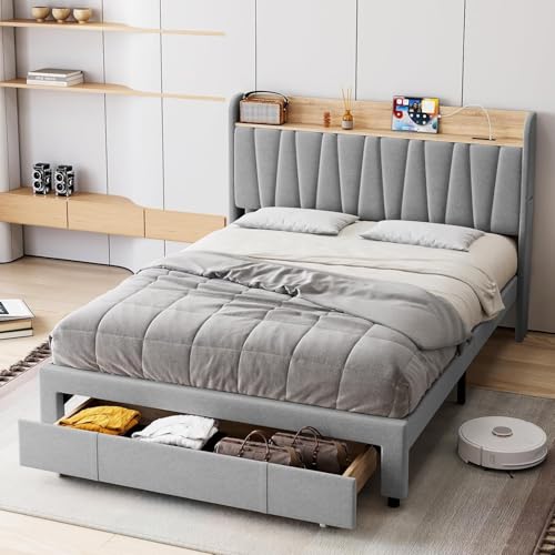 IDEALHOUSE Queen Size Bed Frame with Storage Headboard, Upholstered Platform Beds with Drawers, Charging Station, Noise-Free, No Box Spring Needed