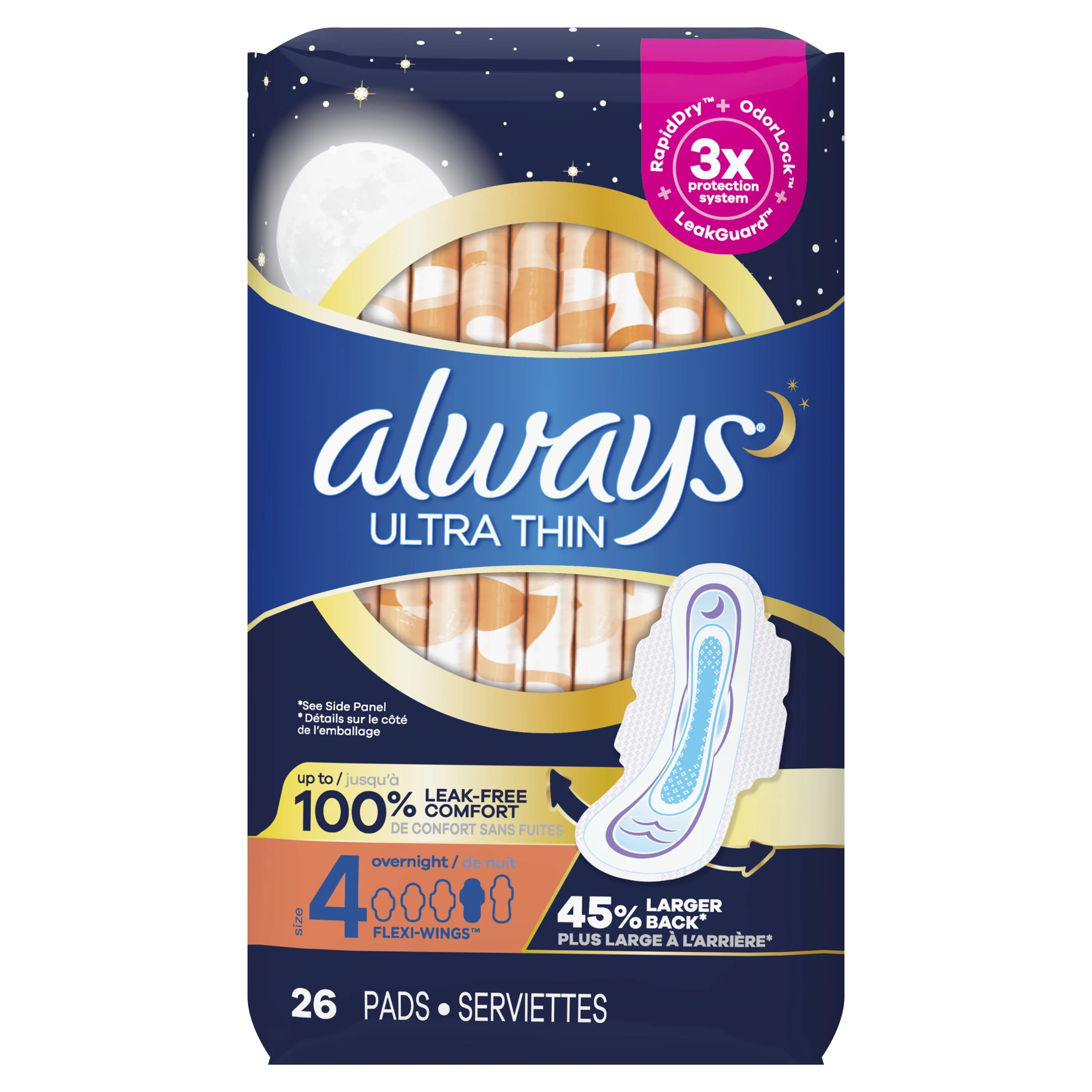 Always Ultra Thin Overnight Pads with Wings, Size 4, Overnight Absorbency, 36 Count