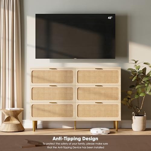 Rattan 5 Drawer Dressers for Bedroom, Tall Dresser with Deep Drawers, Large Chest of Drawers for Closet with Wide Top