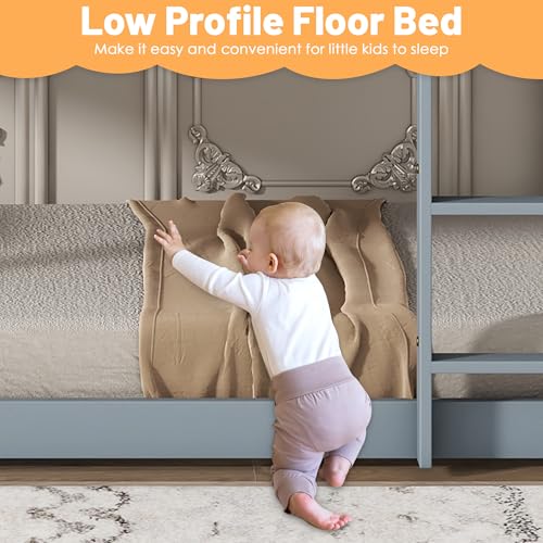Bunk Bed Twin Over Twin, Wood Low Profile Floor Twin Bunk Beds with Ladder Guardrails for Kids Boys and Girls, No Box Spring Needed