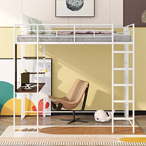 Metal Loft Bed with Wardrobe and L-Shaped Desk, Full Size Loft Bed with Storage Cubes and Shelves, Heavy Duty Loft Bed for Kids Teens, White