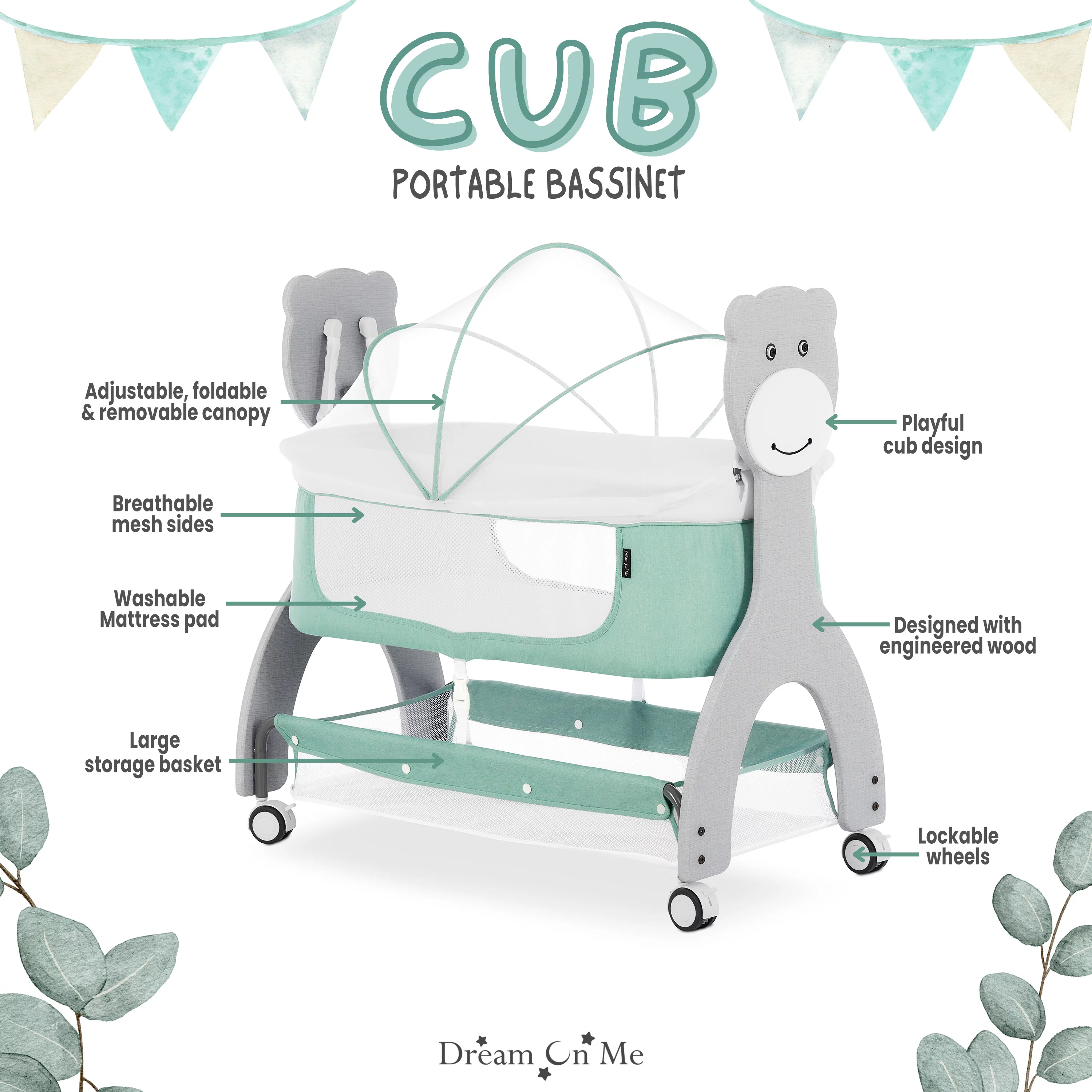 Dream on Me Cub Portable Bassinet in Mint, Multi-Use Baby Bassinet with Locking Wheels - Radiant Selections