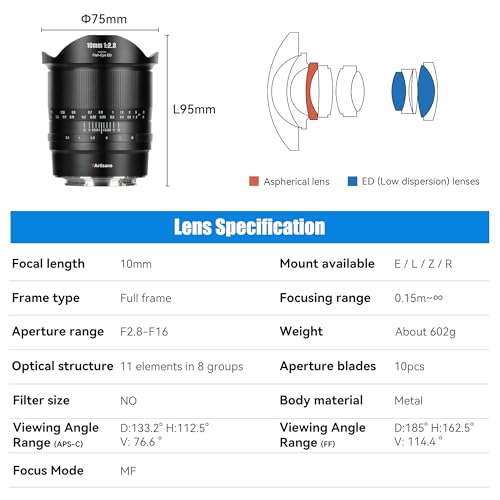 7artisans 10mm F2.8 II Full Frame Ultra Wide Angle Fisheye Lens 185°Manual Focus for Nikon Z-Mount Mirrorless Cameras Z7II/Z6II/Z5/Z6/Z7/Z9