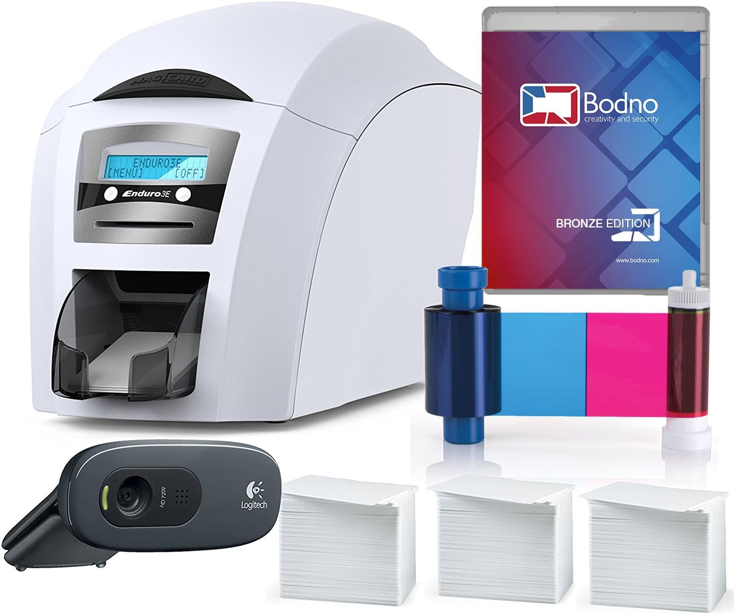 Magicard Enduro 3e Dual Sided ID Card Printer & Complete Supplies Package with Silver Edition Bodno ID Software