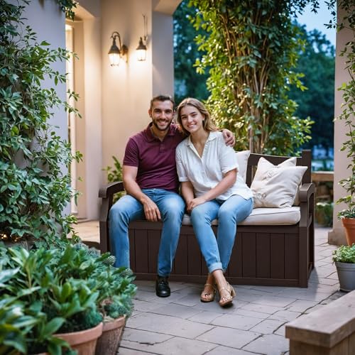 Devoko 80 Gallon Storage Bench Deck Box Lockable for Patio Furniture, Garden Decor and Outdoor Seating for Cushions