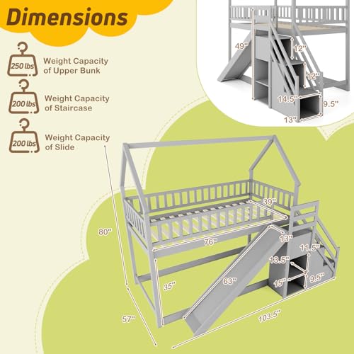 Giantex House Bunk Bed Twin Over Twin with Slide & Stairs, Wood Bunk Bed with Storage Shelves, No Box Spring Needed
