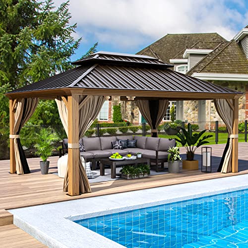 EROMMY 14'x20' Hardtop Gazebo Double Roof Galvanized Steel Canopy Outdoor Aluminum Frame Permanent Metal Pavilion with Netting and Curtains for Patio