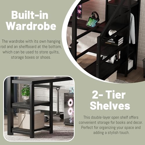 Queen Loft Bed with L-Shaped Desk and Stairs,Metal Queen Size LoftBed with Wardrobe and Adjustable Shelf, Gaming Bed with LED and USB