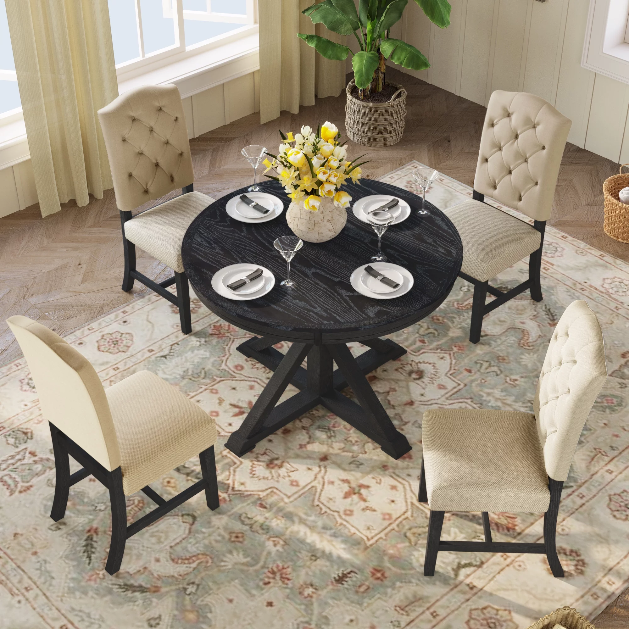 Prehome Functional Furniture Retro Style Dining Table Set with Extendable Table and 4 Upholstered Chairs for Dining Room and Living Room(Espresso)