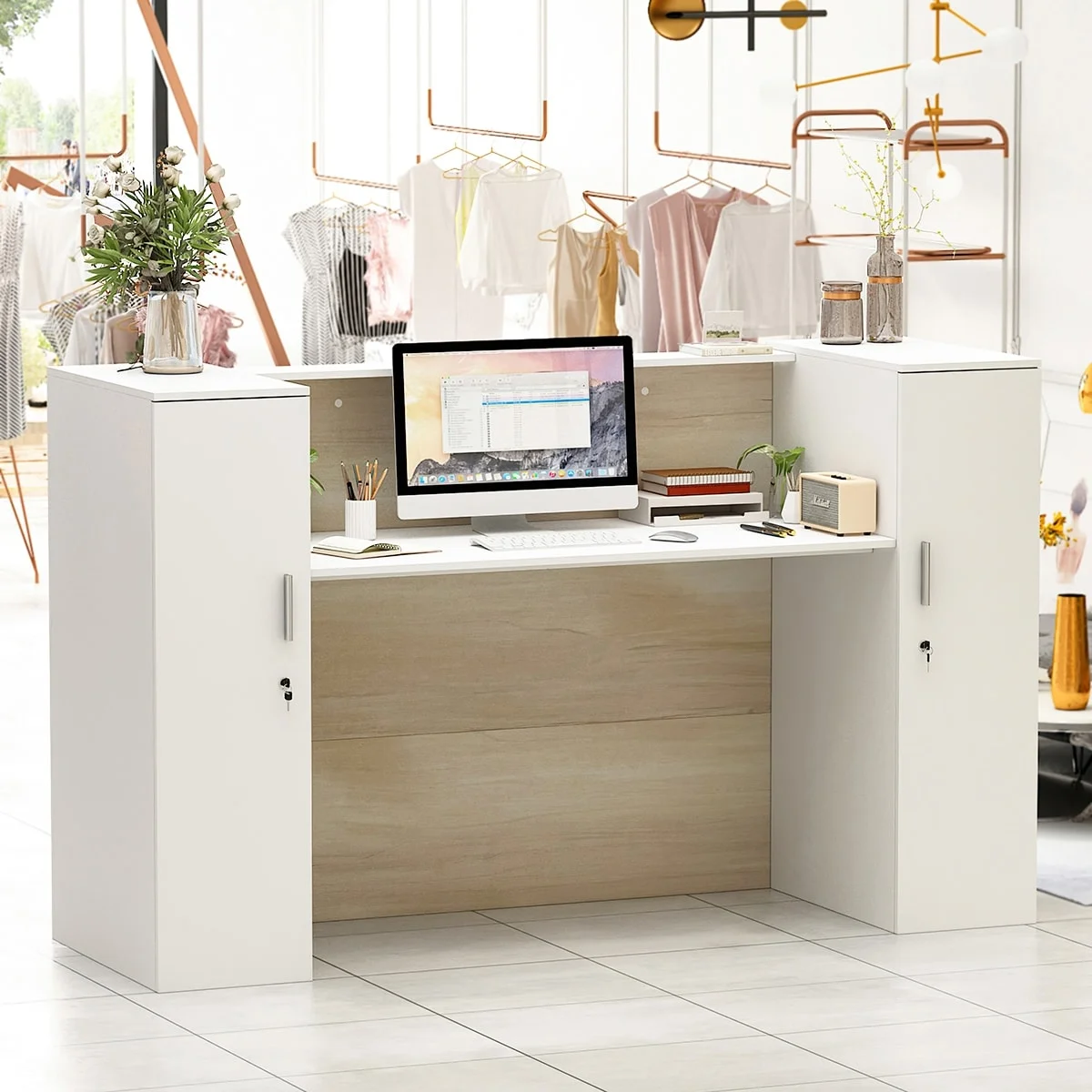 Kerrogee Rectangular Wood Reception Desk Oak And White Reception Table