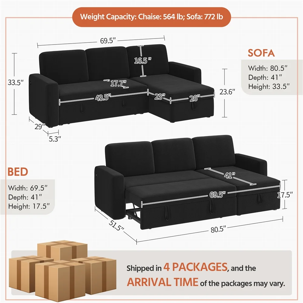 Alden Design Reversible Sectional Sleeper Sofa with USB & Type-C Ports, Light Gray