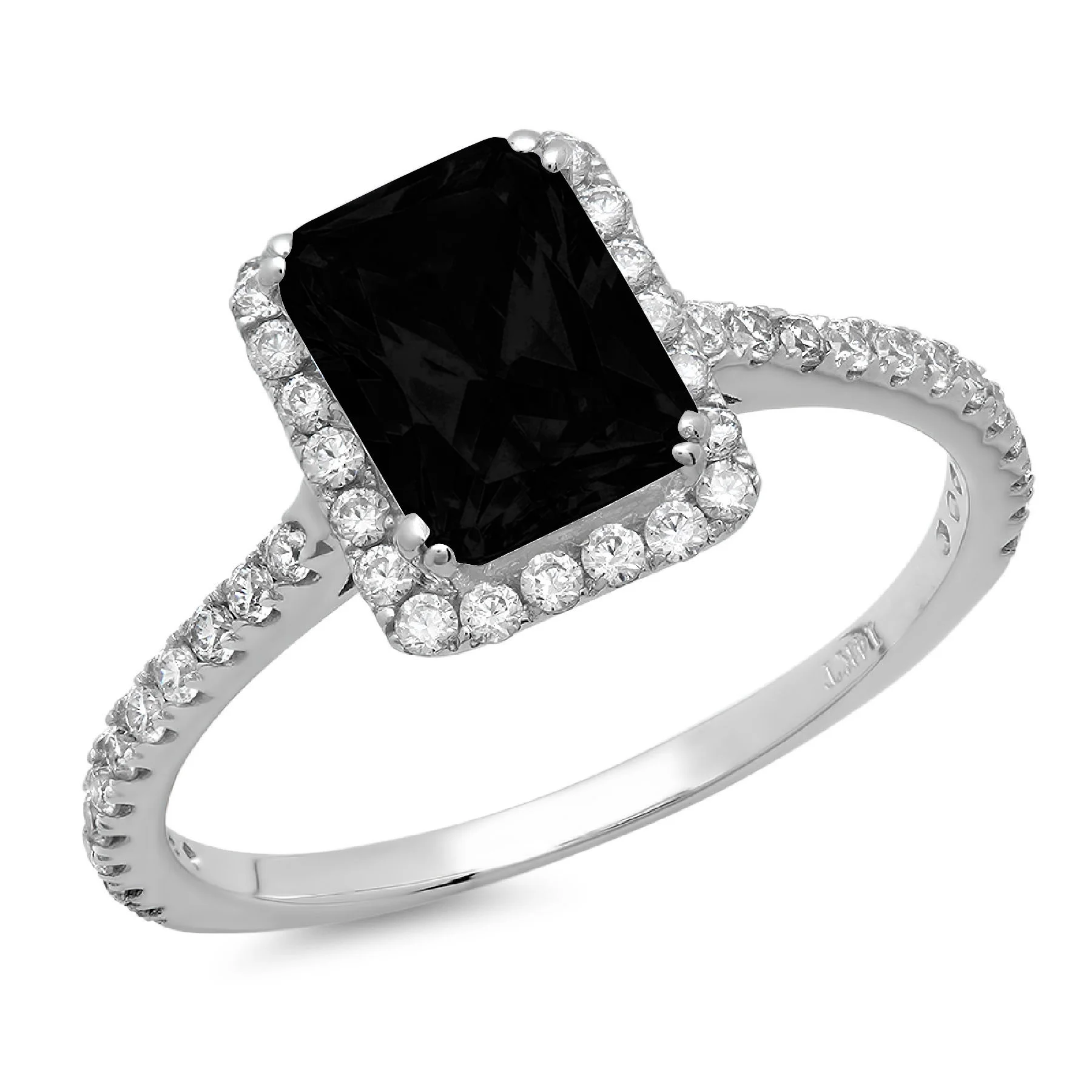 1.86ct Emerald Cut Black Natural Onyx 18k White Gold Engraving Statement Bridal Anniversary Engagement Wedding Halo Ring Size 3.5