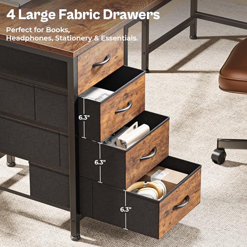 Huuger 63 Inch L Shaped Desk with Fabric Drawers, Reversible Computer Gaming Desk with Power Outlets and USB-C Port, Adjustable Side Storage Shelves