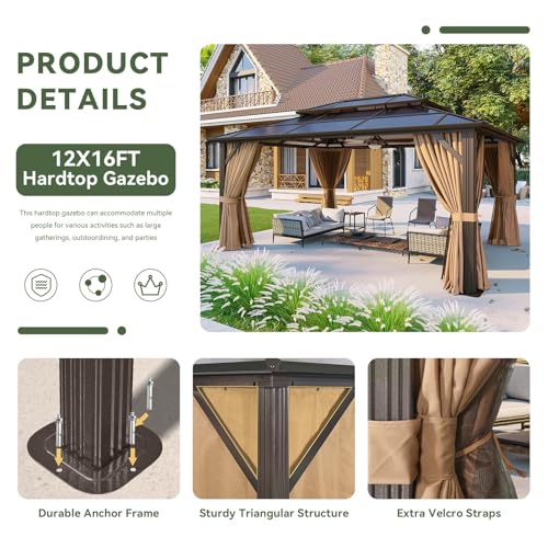 Aoxun 12'x10' Hardtop Gazebo, Aluminum Frame Permanent Pavilion with Curtains and Netting, Outdoor Polycarbonate Double Roof Canopy