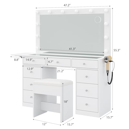 55" W Vanity Desk, Makeup Vanity with Charging Station, 15 Drawers with Lighted Mirror, 3 Lighting Modes, Brightness Adjustable, Glass Top