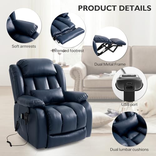 EDILLY Large Genuine Leather Power Lift Recliner Chairs for Elderly, Dual Motor with Massage and Heating,Double Lumbar Cushion and Extended Footrest