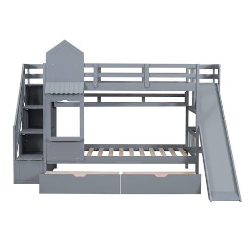 Harper & Bright Designs Twin Over Twin Bunk Bed with Stairs and Slide, Solid Wood Bunk Bed Frame with Storage Drawers and Bookshelf