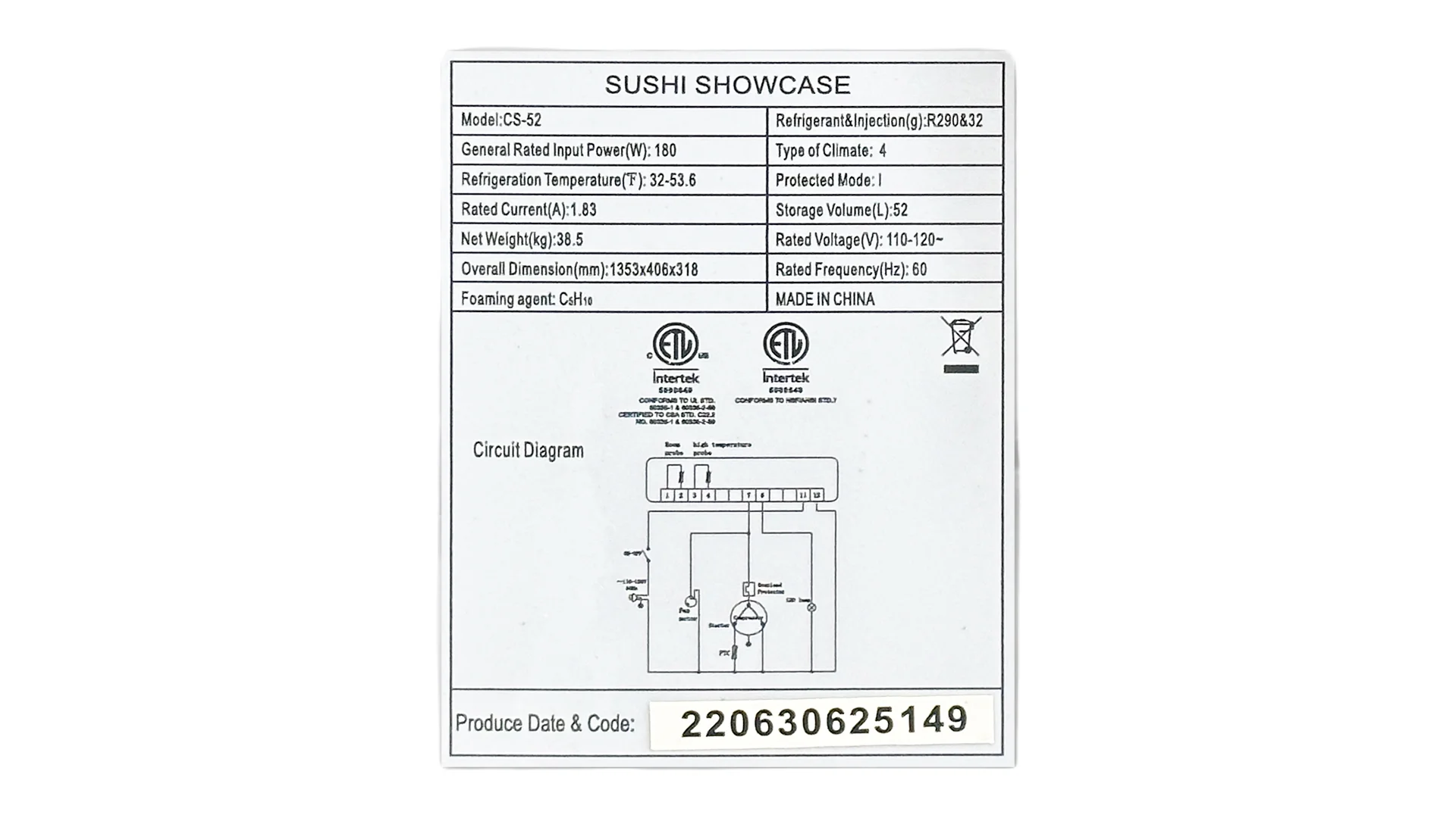 53 in. w 1.84 Cu.Ft. Curved Sushi Refrigerated Display Case,  Commercial Refrigerator, Black 53.2*15.9*12.5
