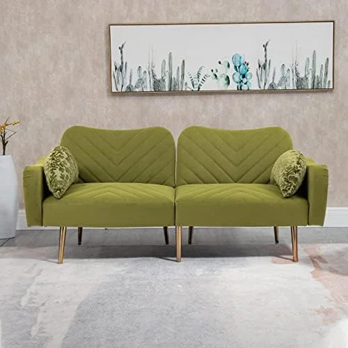 RUNFAYBIU Modern Velvet Futon Sofa Bed  Convertible Loveseat with 2 Crescent-shaped Pillows  Small Sleeper Sofa with 3 Adjustable Positions