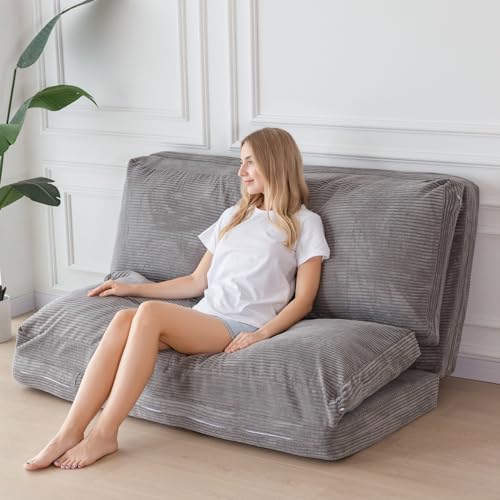 MAXYOYO Bean Bag Bed Folding Sofa Bed Floor Mattress for Adults, Extra Thick and Long Floor Sofa with Corded Washable Cover, Dark Grey, 30x95 Inch