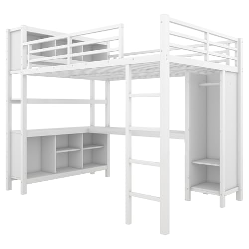 Harper & Bright Designs Full Loft Bed with Desk, Metal Loft Beds with Storage Shelves, Desk, and Wardrobe, Heavy-Duty Loft Bed Frame for Kids, Teens