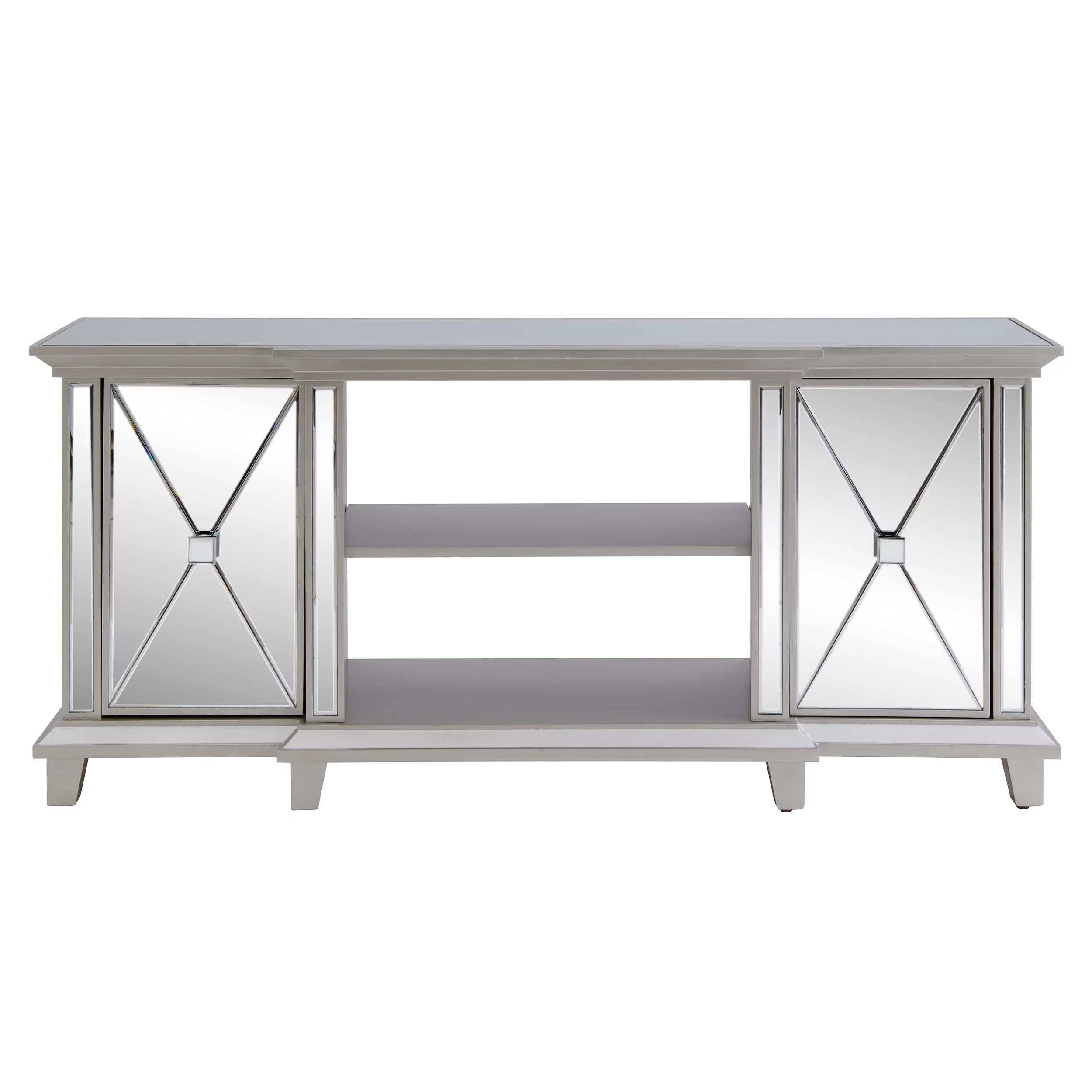 SEI Paddington Glam style Mirrored Media Console w/ Storage in Mirror and silver finish