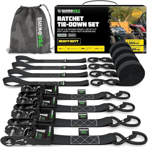 Rhino USA Ratchet Straps Heavy Duty Kit (4-Pack) - 1.6 Inch x 8 Feet (5,208lb Break Strength)