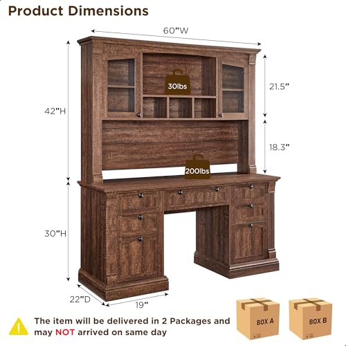 OKD 60" Executive Desk with Drawers, Farmhouse Home Office Desk with Charging Station, Keyboard Tray, File Cabinet Storage