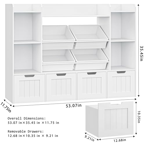 Toy Storage Organizer, Toy Organizer Kids Bookshelf with 4 Movable Drawers and 4 Box Bins, Playroom Organization and Storage for Kids Room