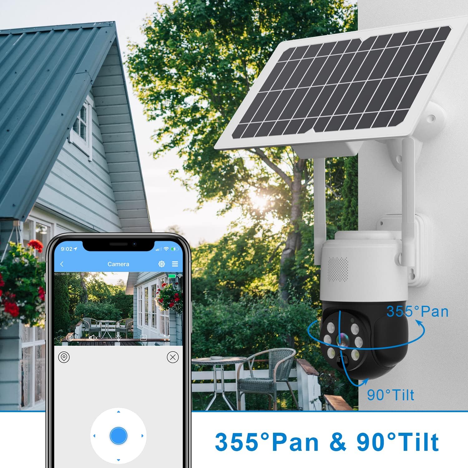 Solar Security Camera Outdoor Wireless Pan Tilt Battery Powered Auto Tracking 1080P WiFi PTZ Camera Home Surveillance PIR Motion Detection Two-Way