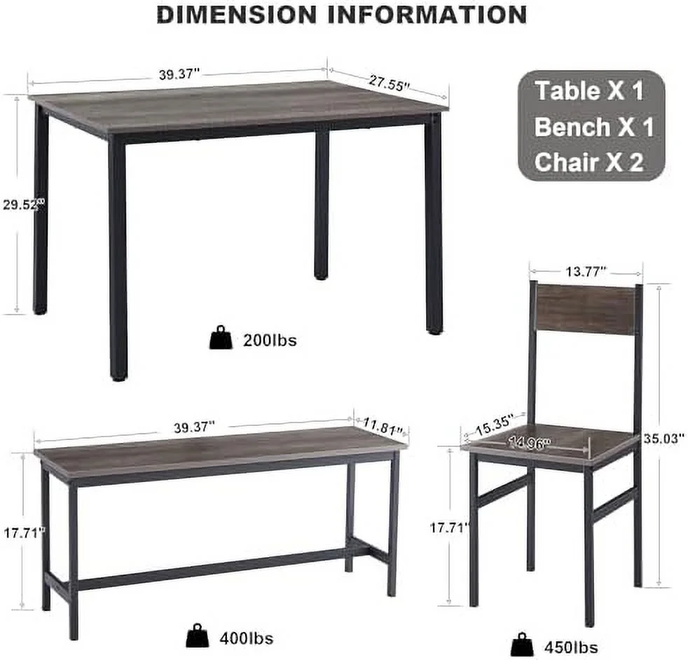 KHBIULIFE Small Kitchen Table and Chairs for 4  Dining Room Table and 2 Chair 1 Bench  Table and Chairs Set of 4 for Small Space  Apartment