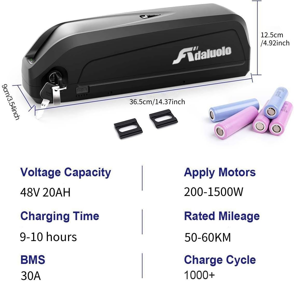 Ebike Battery, 48V 20AH Electric Bike Battery Pack Lithium ion Bicycle Battery with Charger, 5 Pin Base